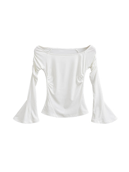 Flared Sleeves Long Sleeves Pleated Solid Color Boat Neck T-Shirts Tops