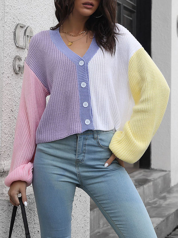 Long Sleeves Loose Contrast Color Split-Joint V-Neck Cardigan Tops