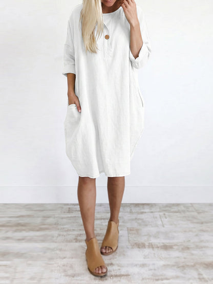 Long Sleeves Loose Pockets Solid Color Round-Neck Mini Dresses