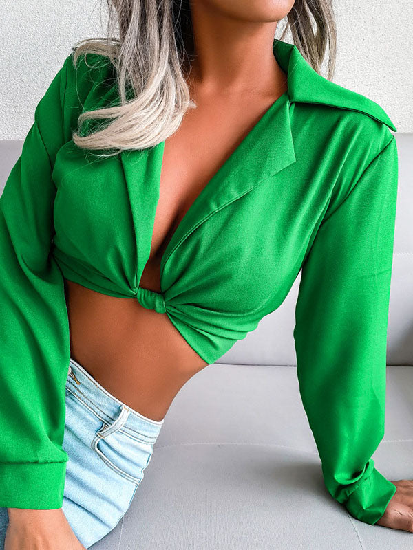 Long Sleeves Knot Solid Color Split-Joint Deep V-Neck Blouses&shirts Tops