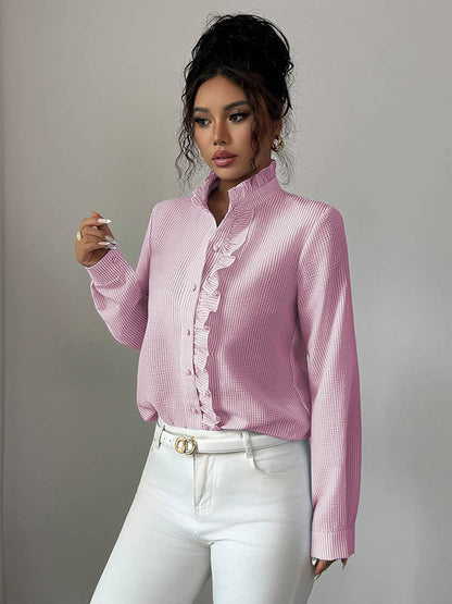 Long Sleeves Skinny Buttoned Ruffled Split-Joint Striped Stand Collar Blouses&Shirts Tops