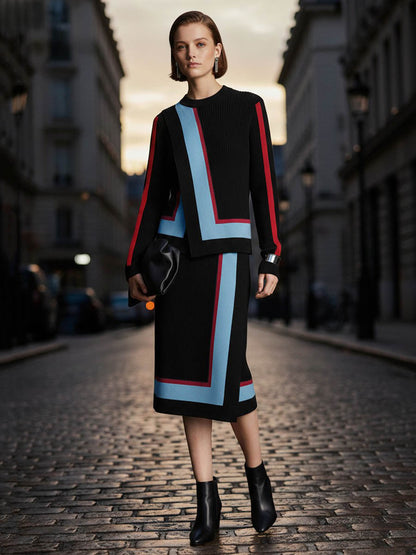 Irregularity Long Sleeves Abstract Printed Asymmetric Contrast Color Ribs Split-Joint Round-Neck Sweater Tops