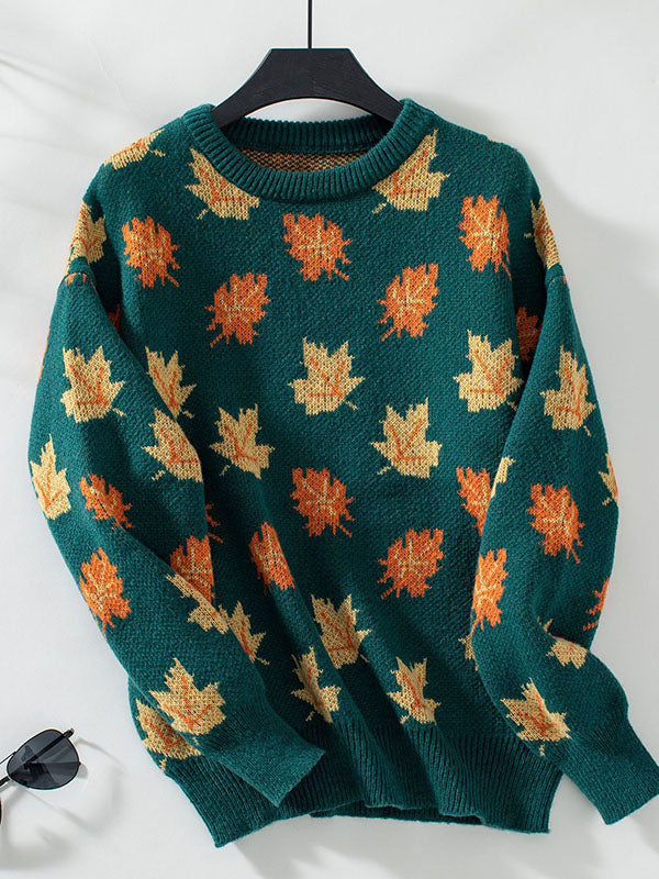 Long Sleeves Loose Contrast Color Jacquard Knitted Leaves Split-Joint Round-Neck Pullovers Sweater Tops