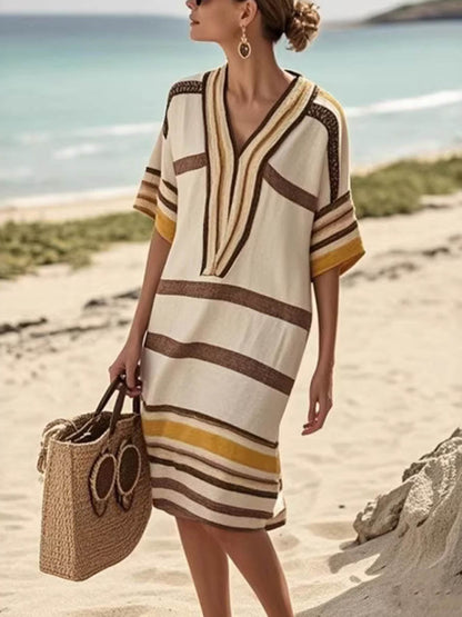 Half Sleeves Loose Contrast Color Split-Joint V-Neck Midi Dresses