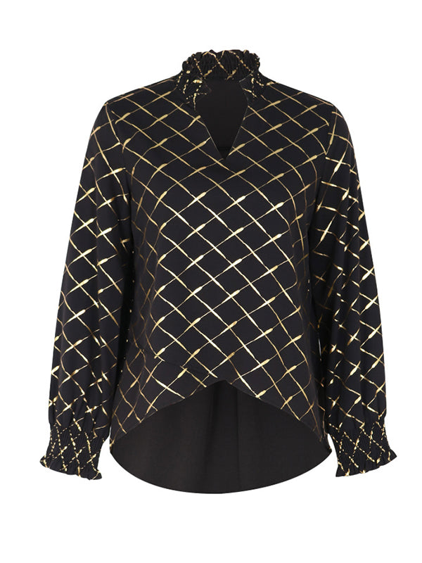 Long Sleeves Loose Bronzing Elasticity Split-Joint V-Neck Blouses&Shirts Tops