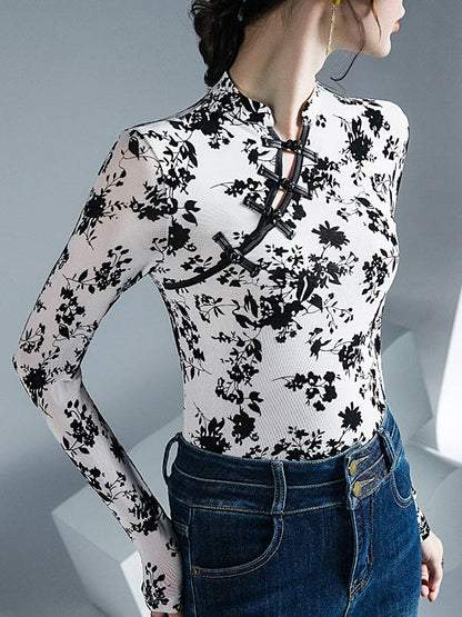 Long Sleeves Skinny Buttoned Flower Print Mesh Mock Neck T-Shirts Tops