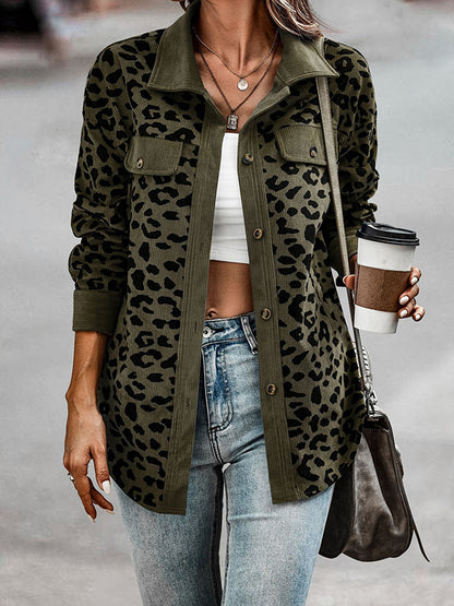 Long Sleeves Loose Buttoned Leopard Pockets Split-Joint Lapel Jackets Outerwear