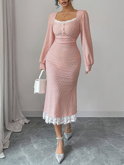 Bodycon High Waisted Lacy Pleated Solid Color Split-Joint Zipper Square-Neck Midi Dresses