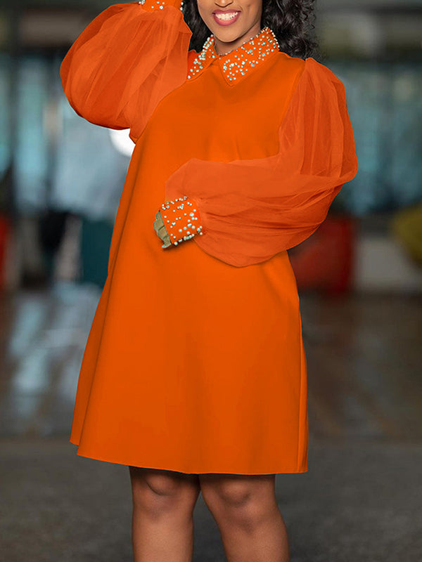 Puff Sleeves Beads Mesh Solid Color Split-Joint Round-neck Midi Dresses