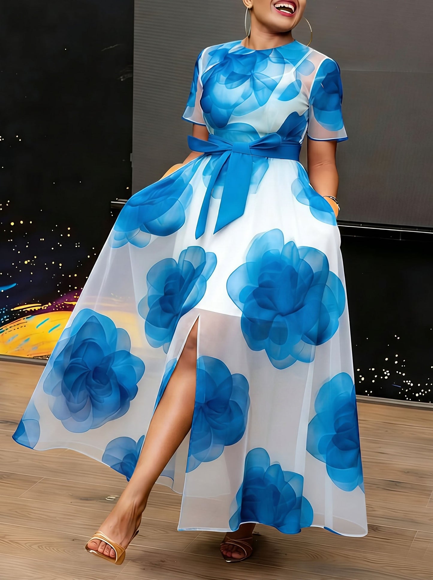 Zipper Tied Waist Split-front See-Through Pockets Flower Print Contrast Color Short Sleeves Loose Round-neck Two Pieces Set Maxi Dresses