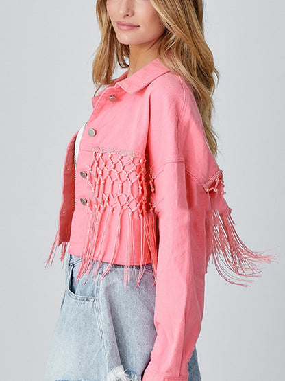 Long Sleeves Loose Sequined Split-Joint Tasseled Lapel Denim Jackets