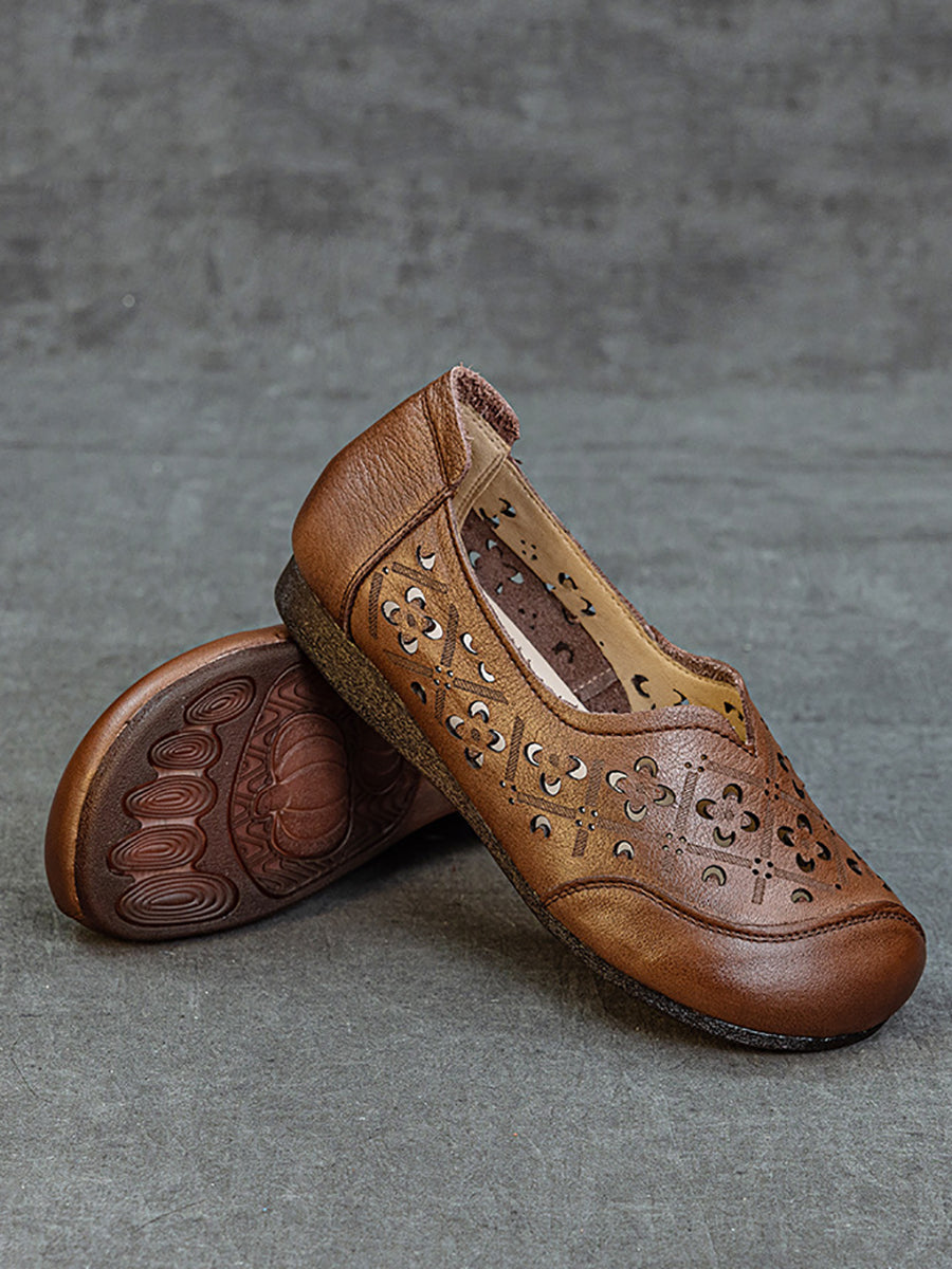 Women Soft Genuine Leather Hollow Out Low Heel Shoes