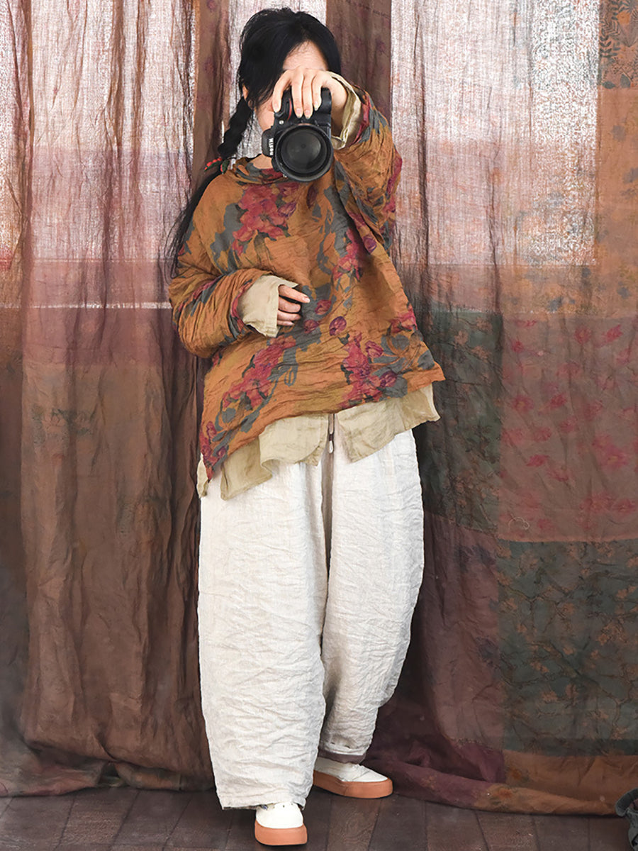 Women Vintage Spring Floral Pie Collar Ramie Shirt