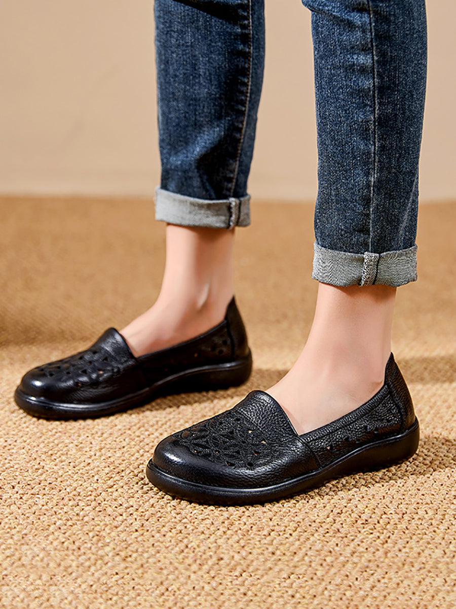 Women Summer Soft Leather Flower Mid Heel Shoes