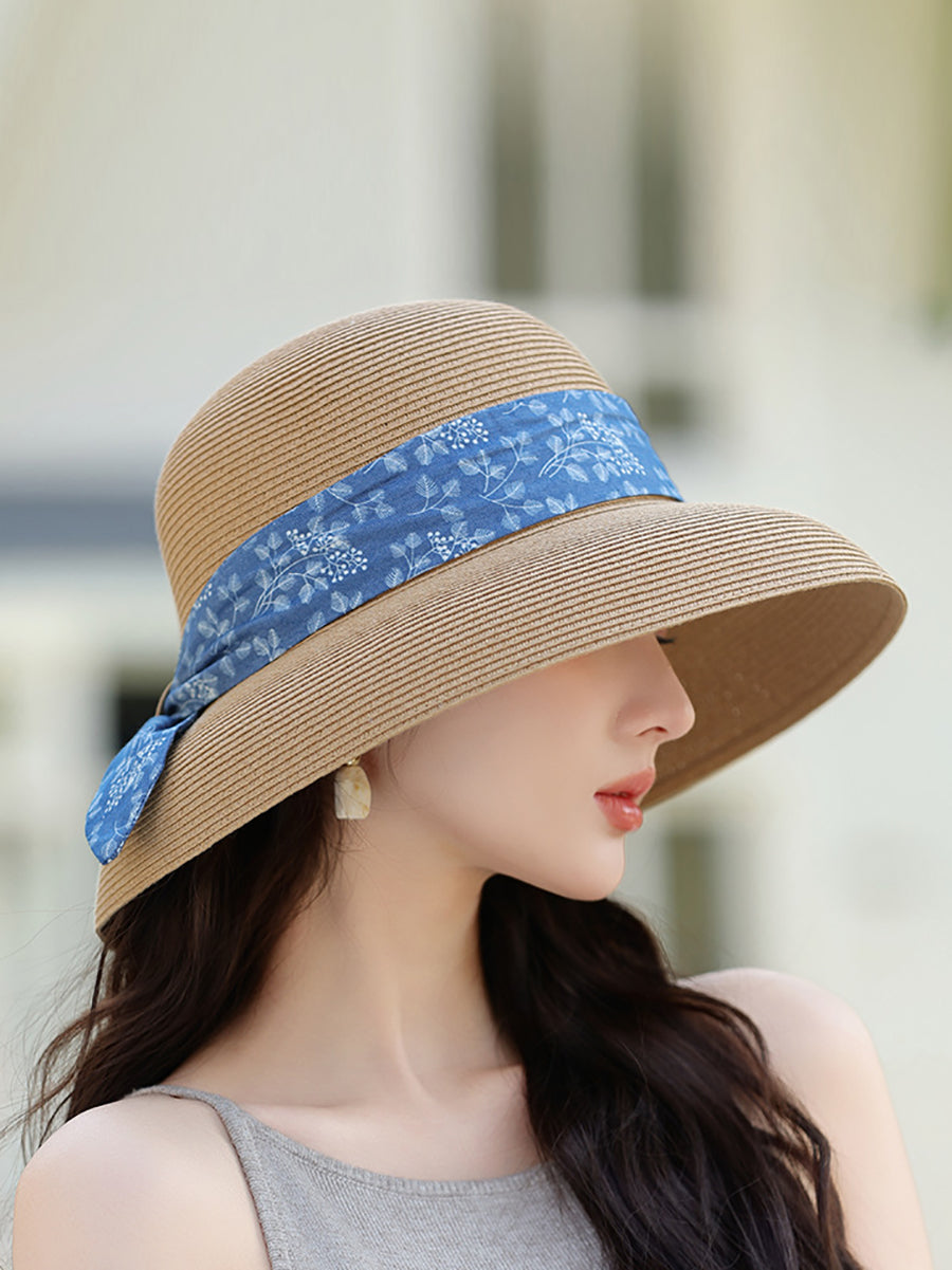 Women Summer Straw Lacing Bucket Hat