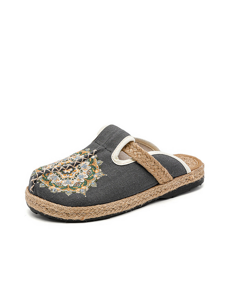 Women Summer Flower Embroidery Linen Slippers