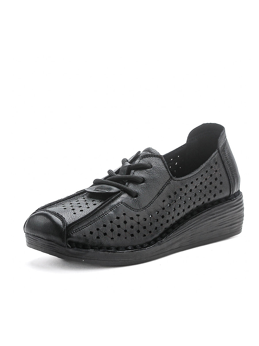 Women Vintage Genuine Leather Hollow Out Platform Shoes