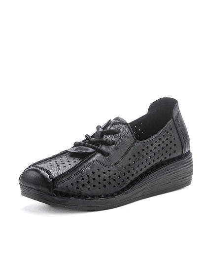 Women Vintage Genuine Leather Hollow Out Platform Shoes