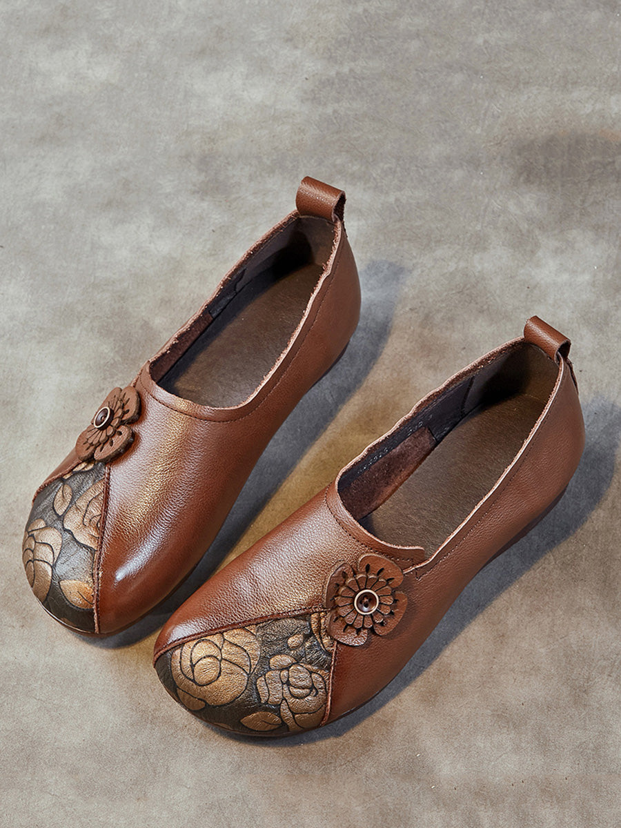 Women Retro Flower Leather Spliced Low Heel Shoes