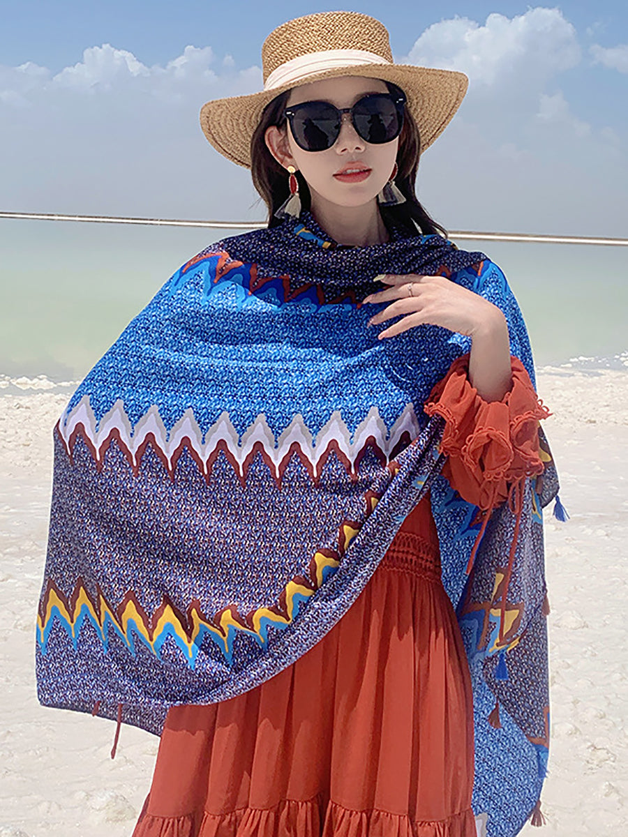 Women Ethnic Print Tassel Shawl Scarf