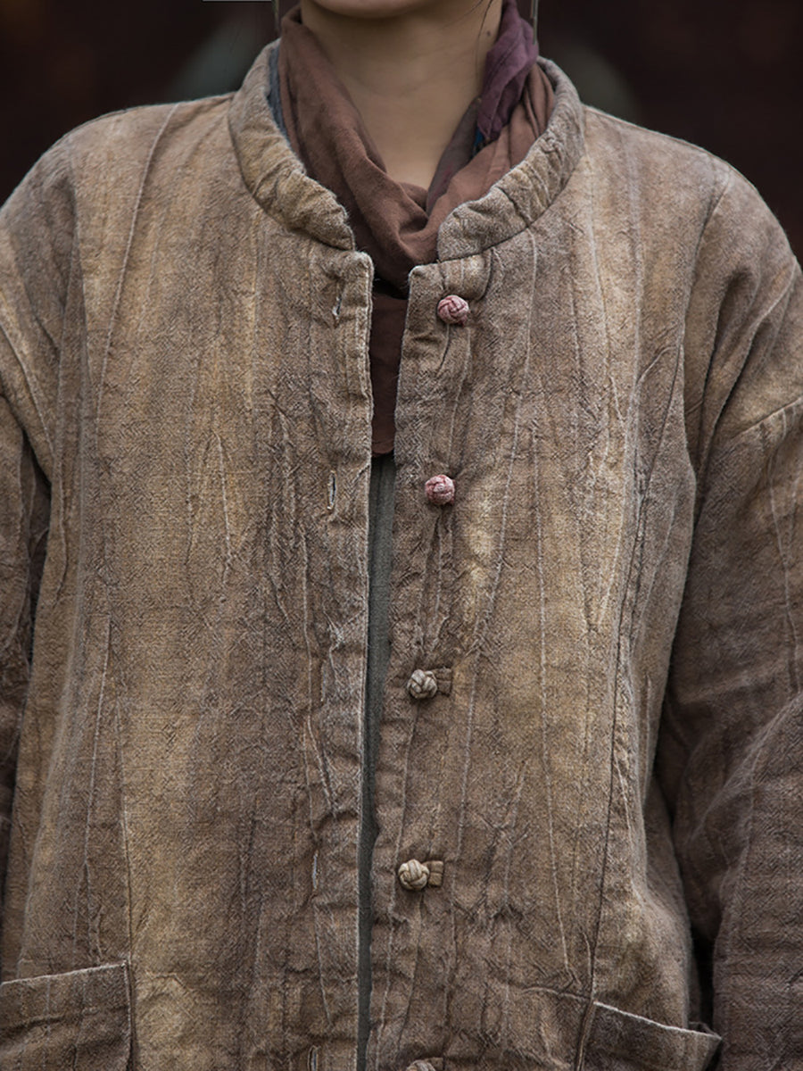 Women Winter Ethnic Solid Ramie Padded Long Coat