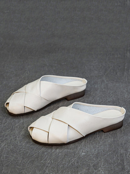 Women Summer Soft Leather Low Heel Weave Slippers