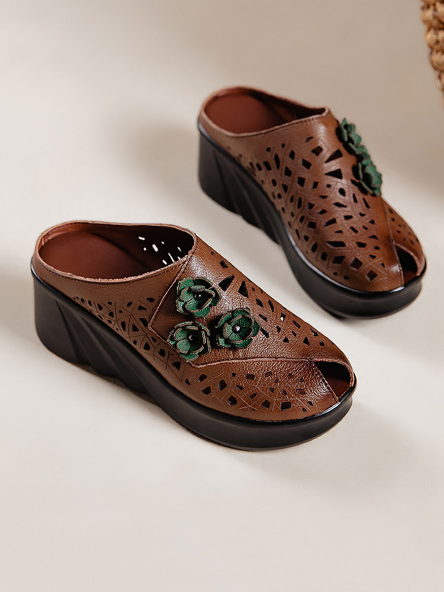 Women Summer Hollow Out Leather Platform Slippers