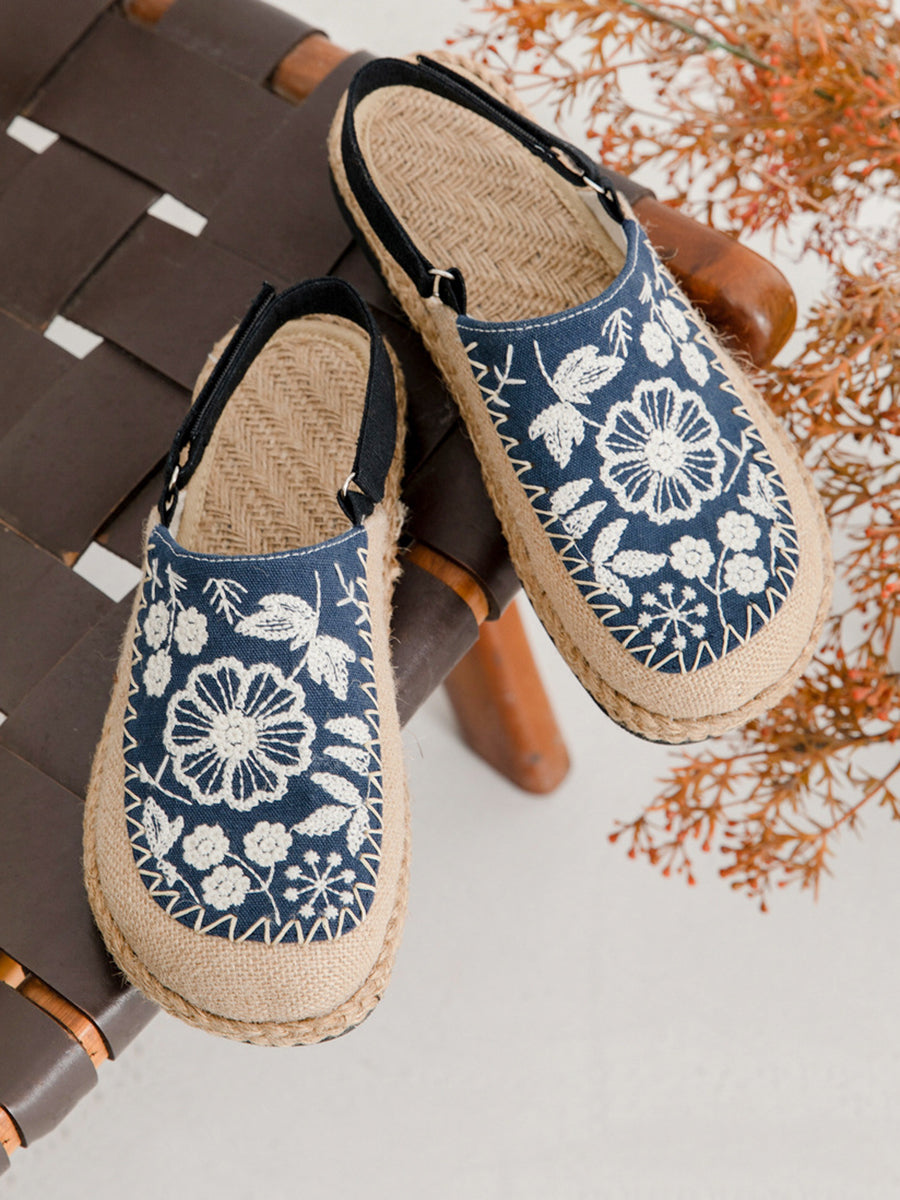 Women Ethnic Flower Embroidery Linen Sandals