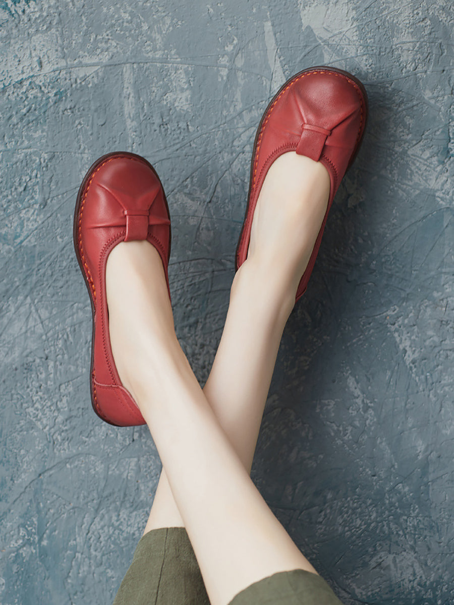 Women Ethnic Pure Color Genuine Leather Low Heel Shoes
