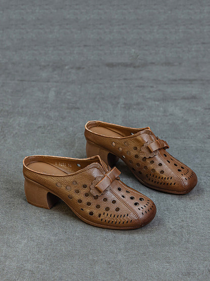 Women Summer Genuine Leather Hollow Out Mid Heel Slippers