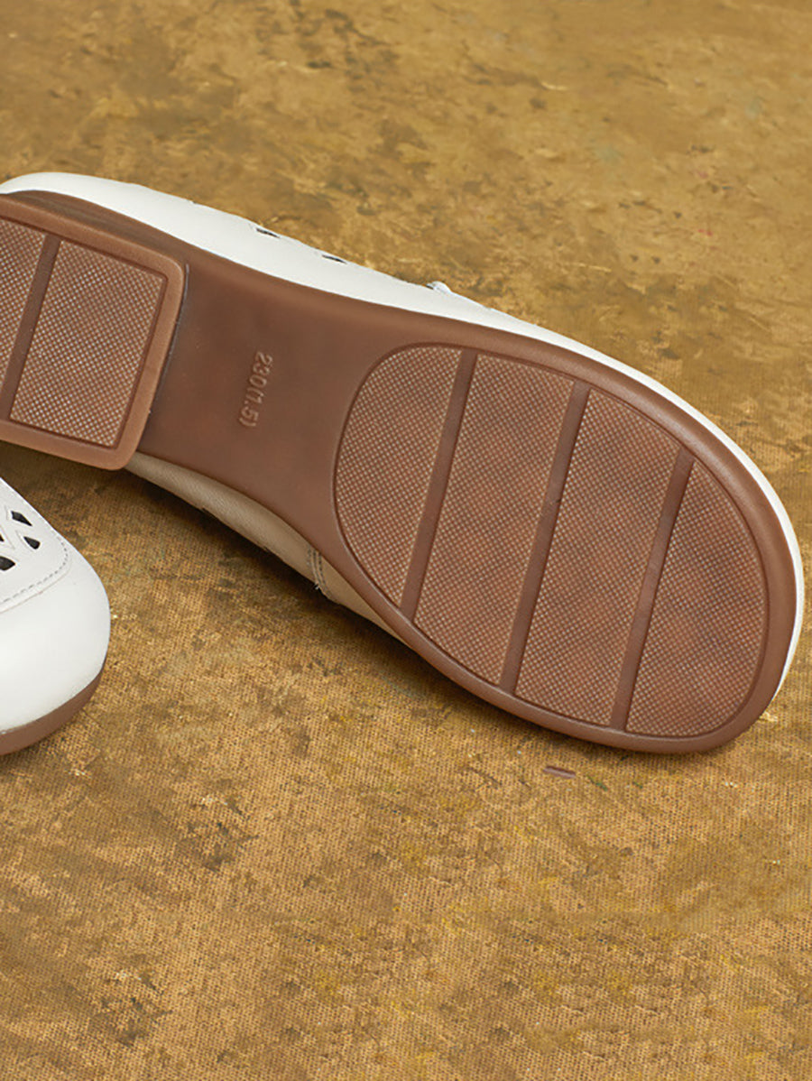 Women Summer Leather Hollow Out Mid Heel Shoes