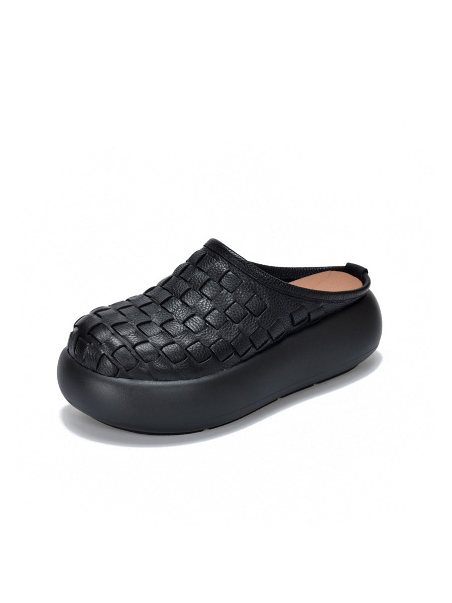 Women Genuine Leather Weave Platform Slippers