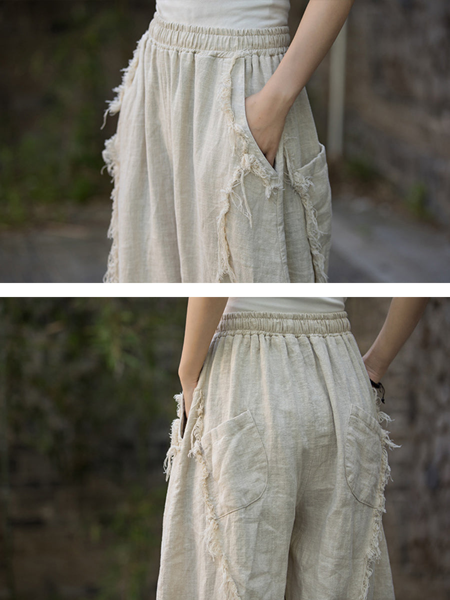 Women Summer Worn Raw-edge Ramie Harem Pants