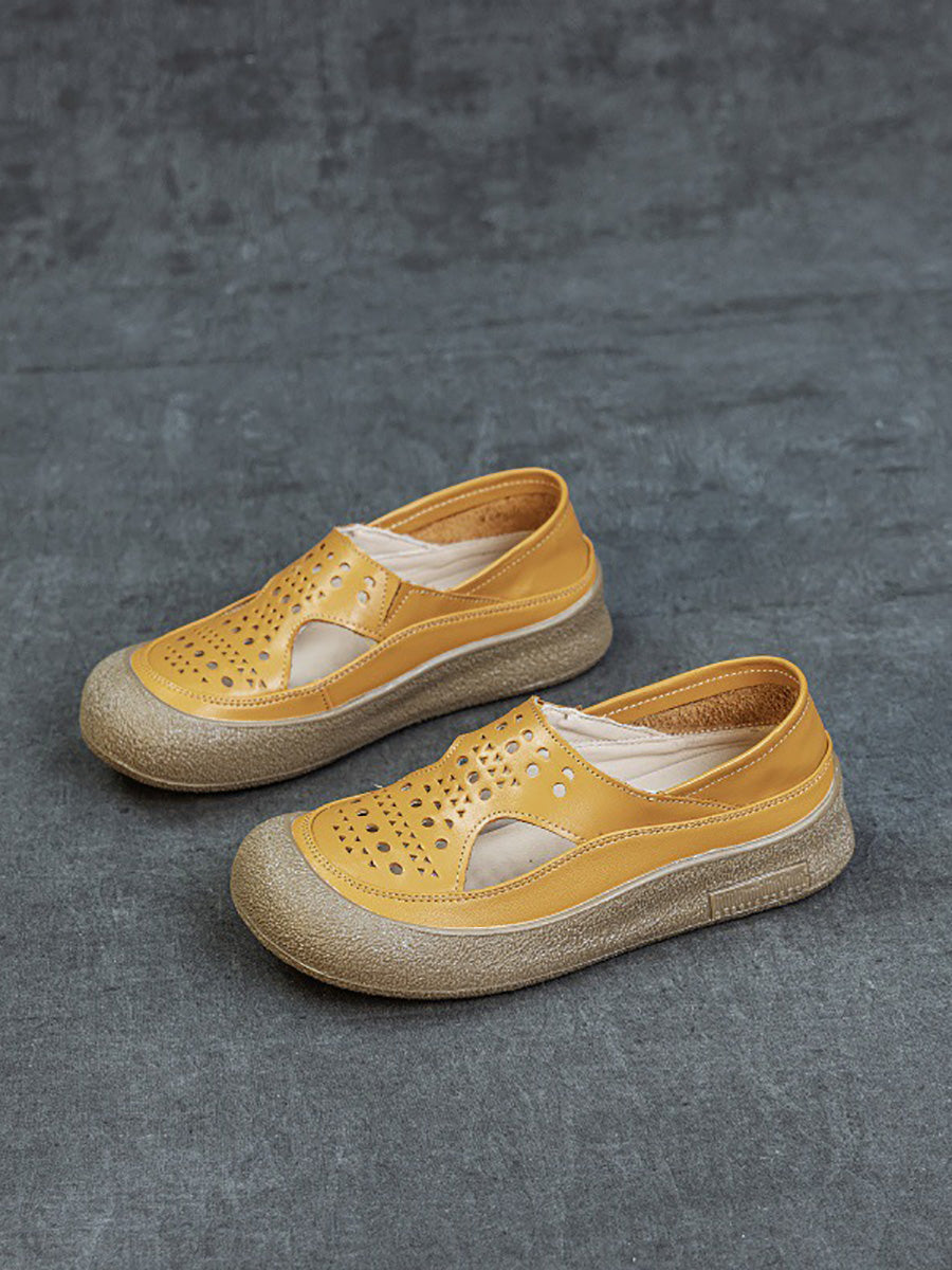 Women Summer Casual Hollow Out Leather Flat Shoes