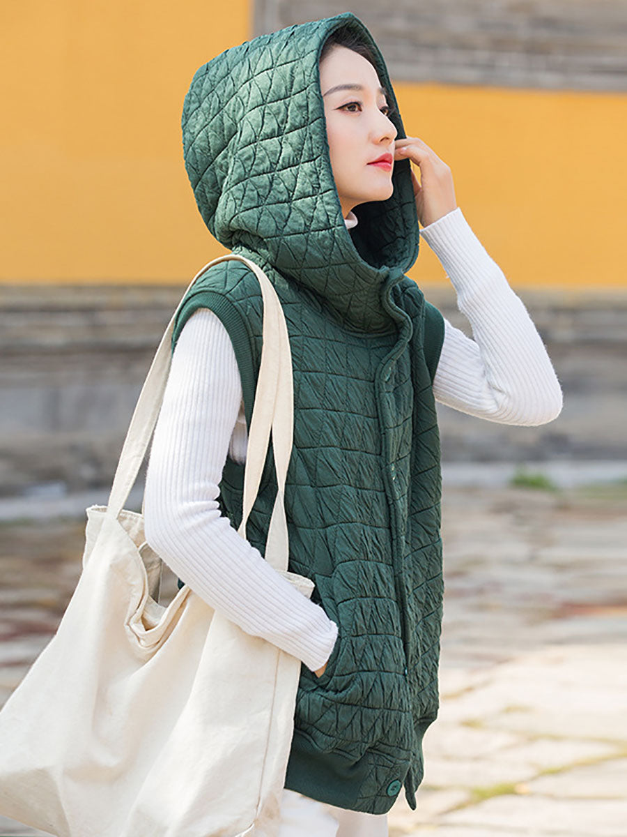 Women Winter Artsy Solid Button Pocket Hooded Vest