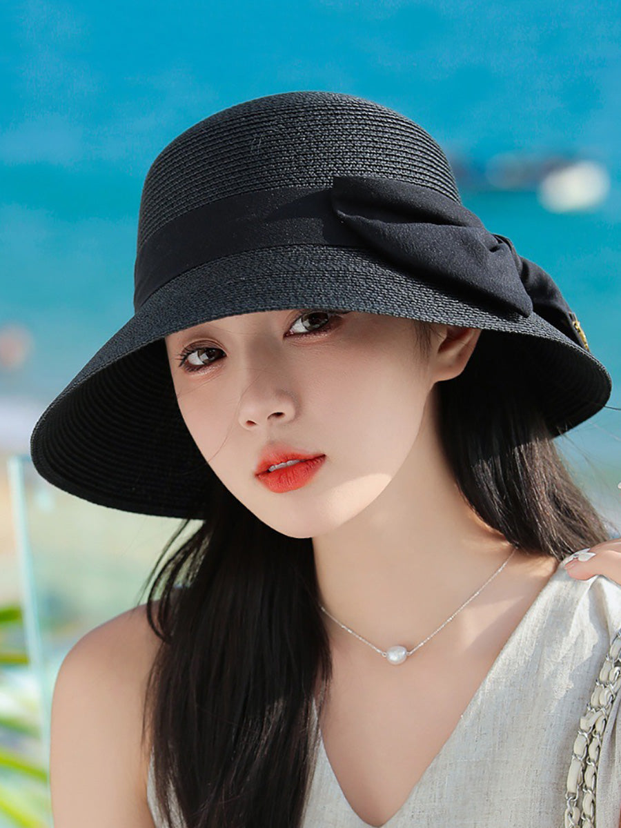 Women Elegant Bowknot Straw Sunproof Hat