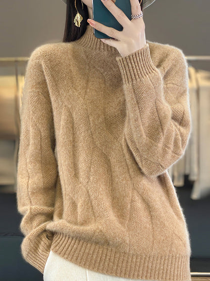 Women Autumn Cable Knit 100%Wool Turtleneck Sweater