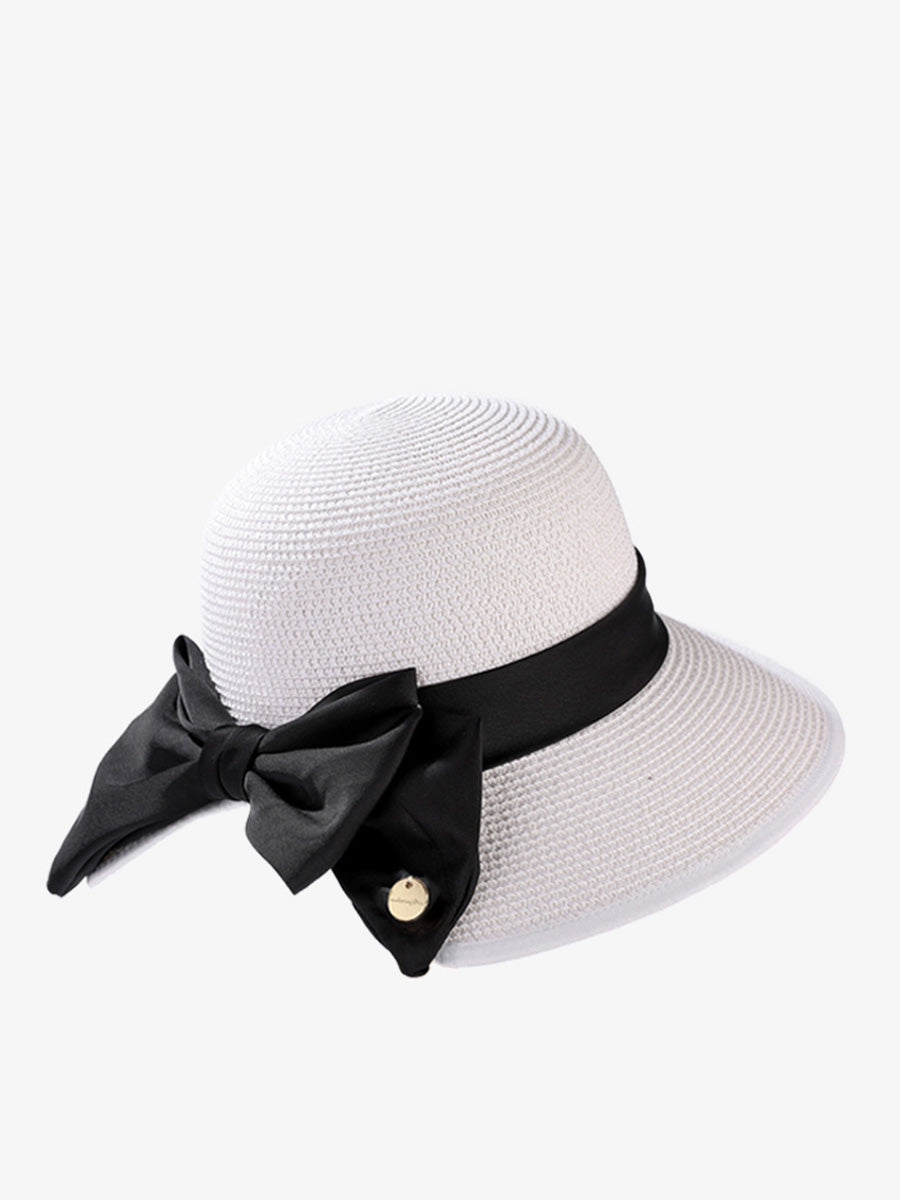 Women Straw Weave Stain Bowknot Sunproof Hat