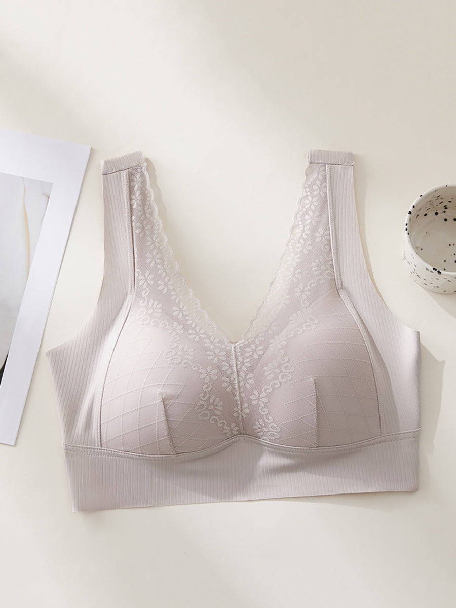 Women Artsy Pure Color Lace Satin Seamless Bra