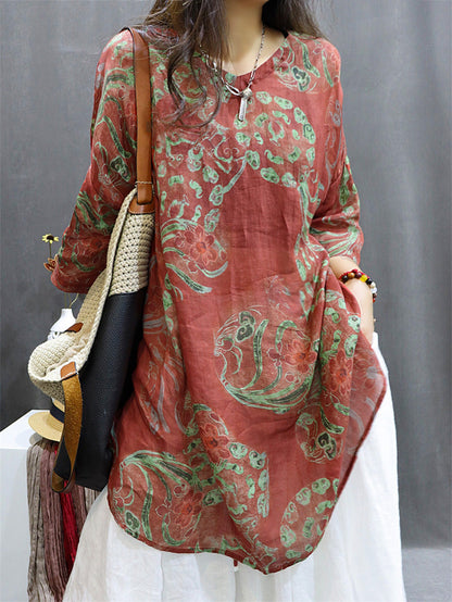 Plus Size Women Summer Vintage Flower Ramie Blouse M-4XL