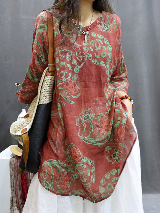 Plus Size Women Summer Vintage Flower Ramie Blouse M-4XL