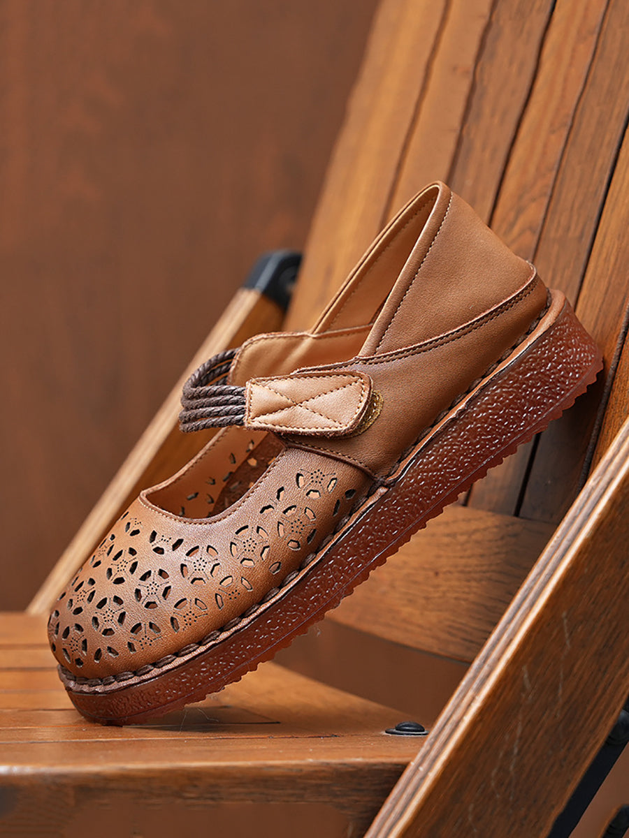 Women Rtro Genuine Leather Hollow Out Low Heel Shoes