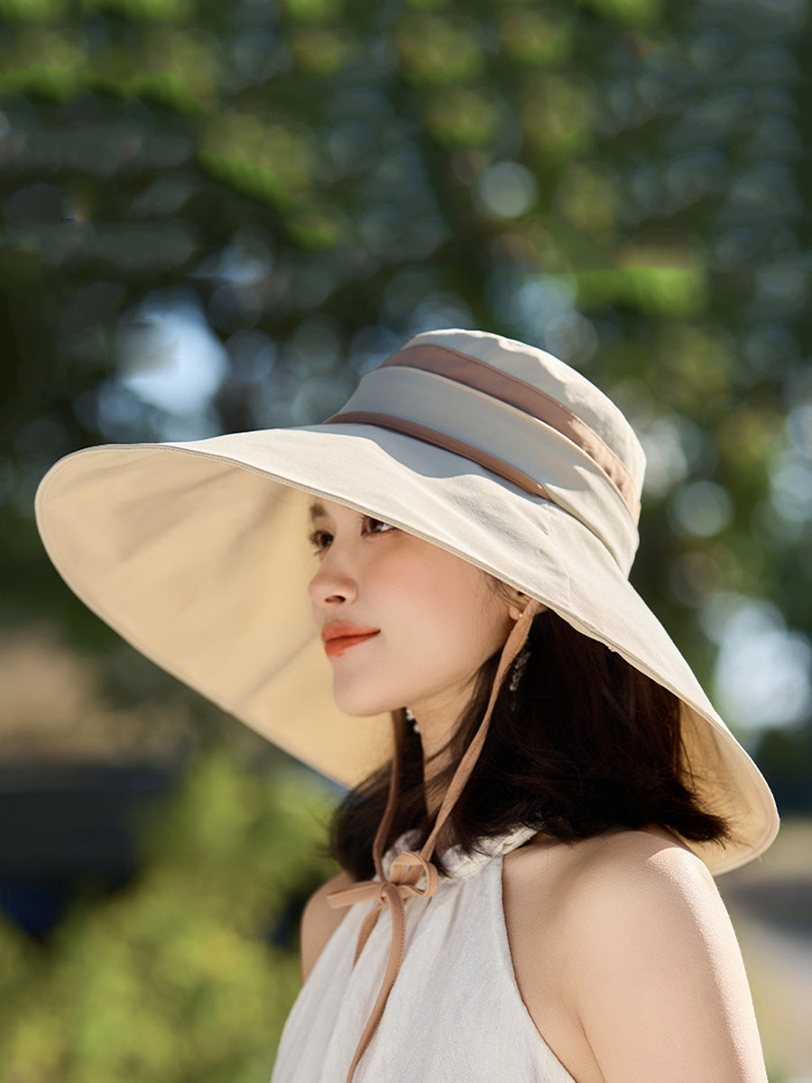Women Casual Stripe Large Brim Sunproof Hat