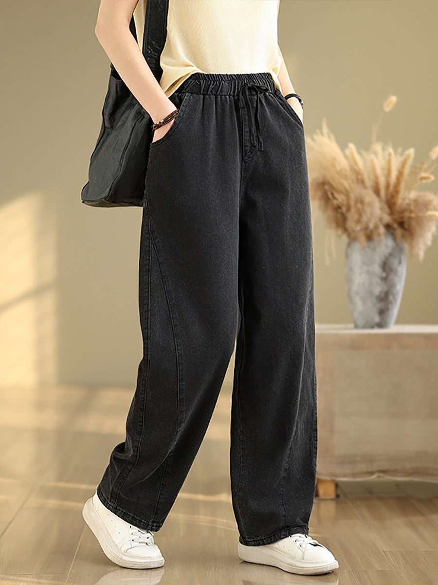 Women Casual Pure Color Denim Spliced Straight Pants