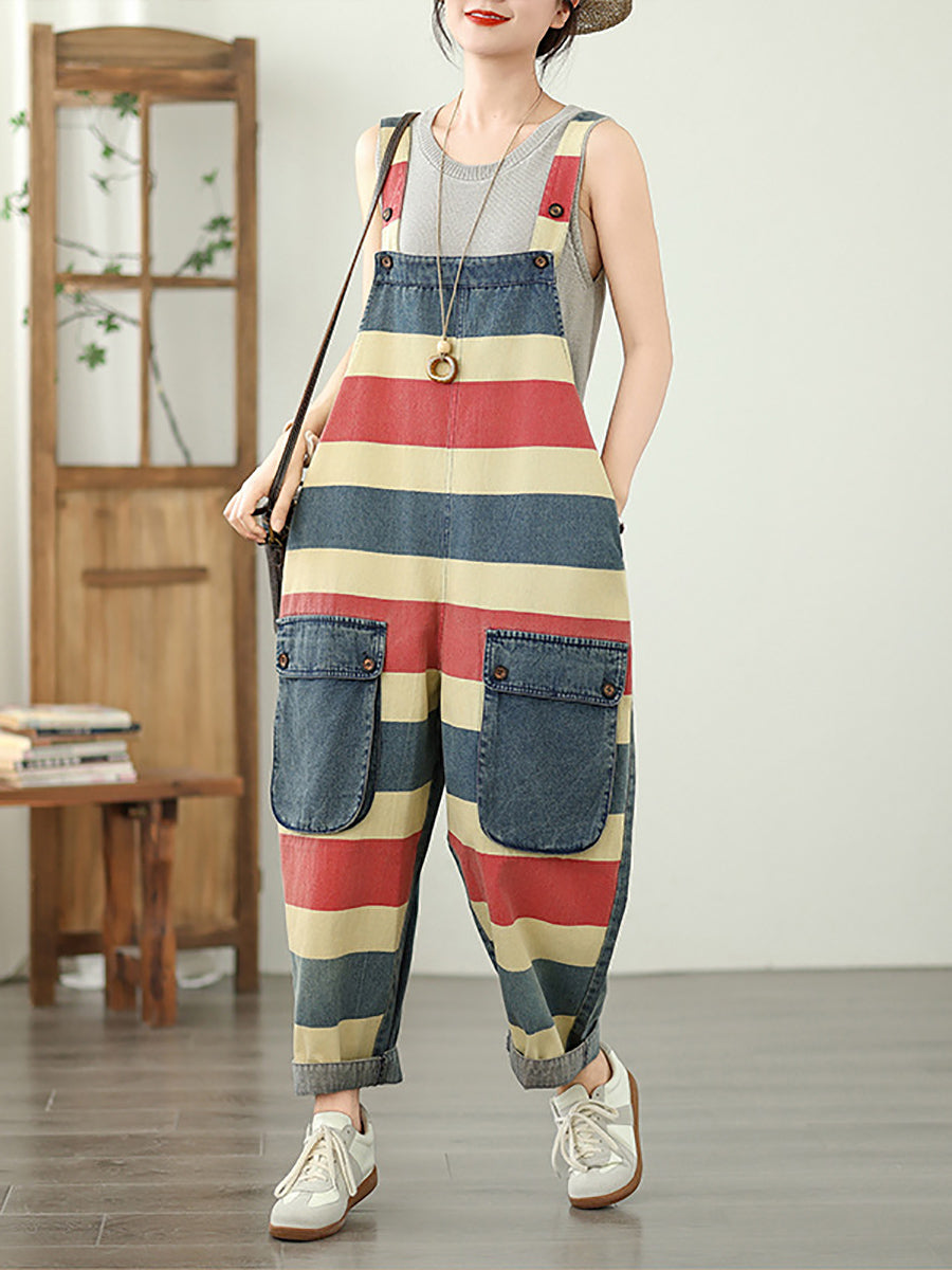 Women Summer Colorblock Stripe Denim Loose Jumpsuits