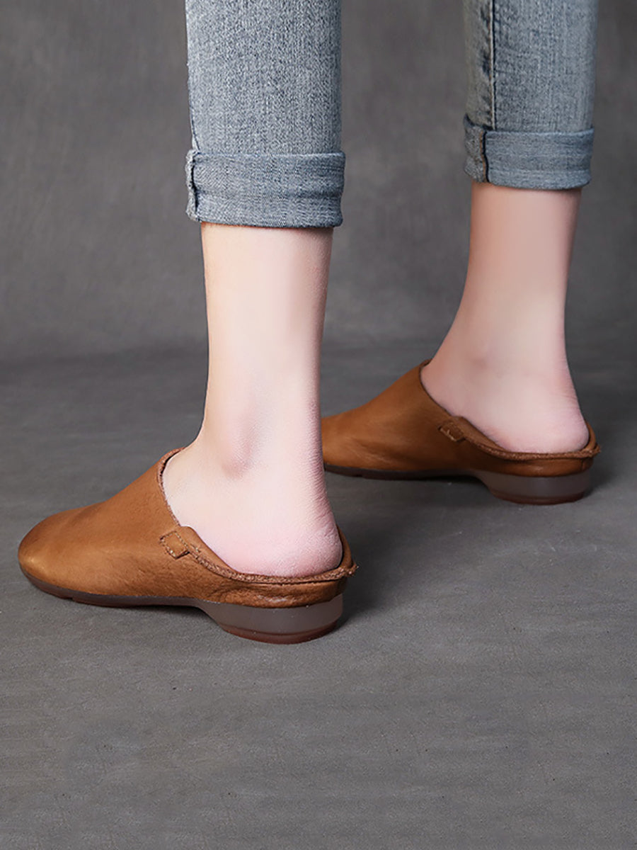 Women Retro Soft Leather Spliced Solid Low-Heel Shoes