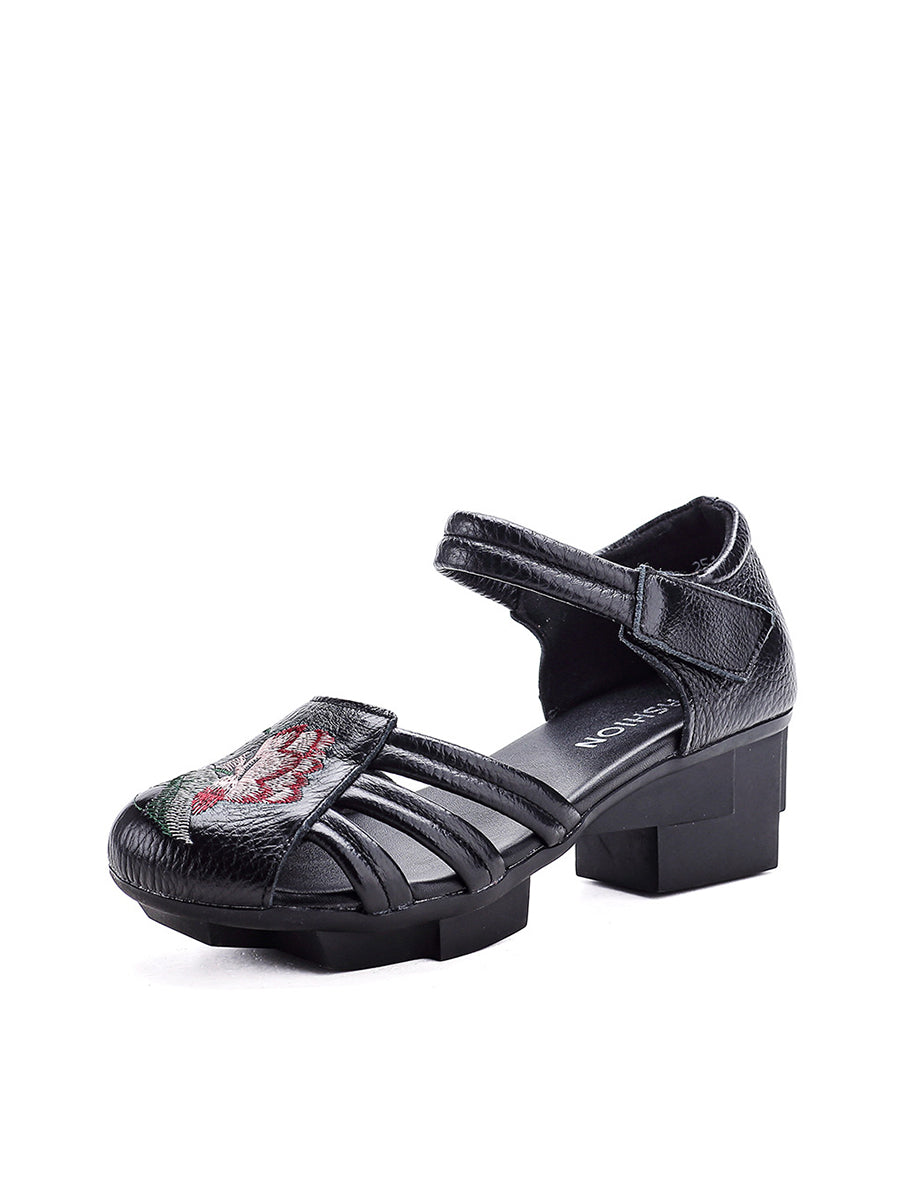 Women Summer Genuine Leather Embroidery Mid Heel Shoes