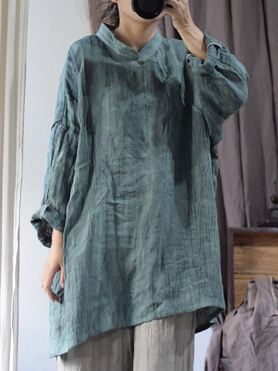 Plus Size Women Vintage Solid Linen Loose Long Blouse
