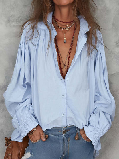 Long Sleeves Loose Buttoned Pleated Solid Color Lapel Blouses&Shirts Tops