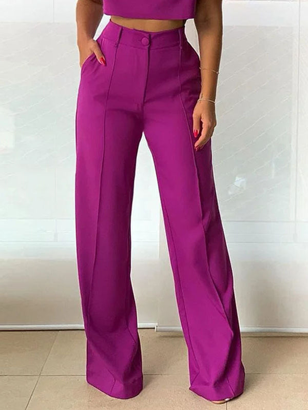 Loose Solid Color V-Neck Vest Top + High Waisted Pants Bottom Two Pieces Set